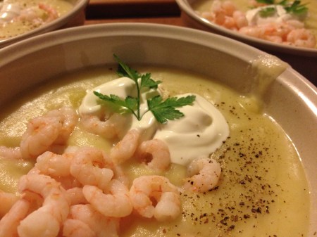 Crema di patae,porri e gamberetti